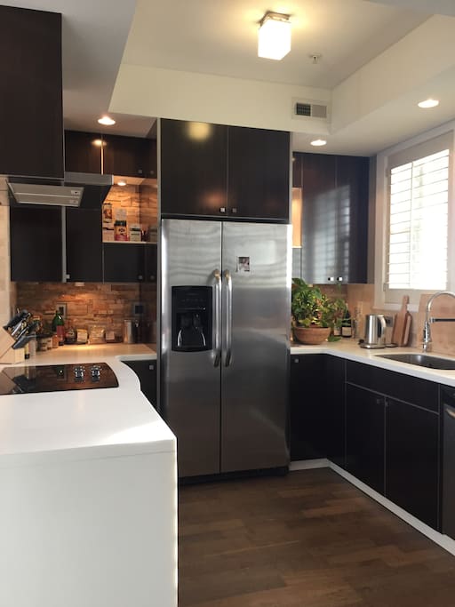 Open kitchen with All Clad cookware, electronic kettle, aeropress coffee maker and views of downtown.