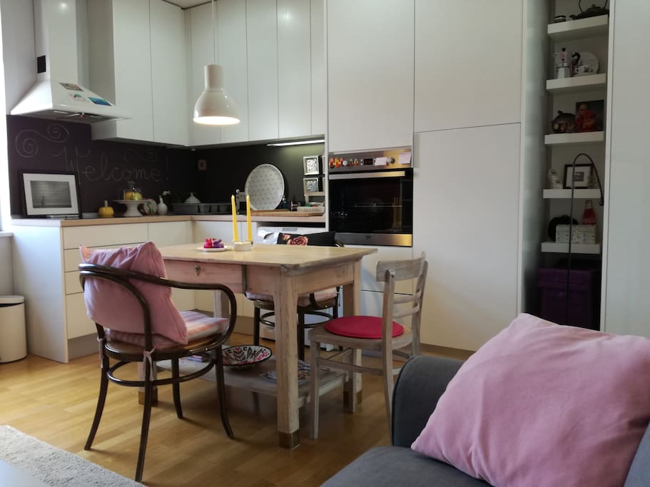 The kitchen and the dining area