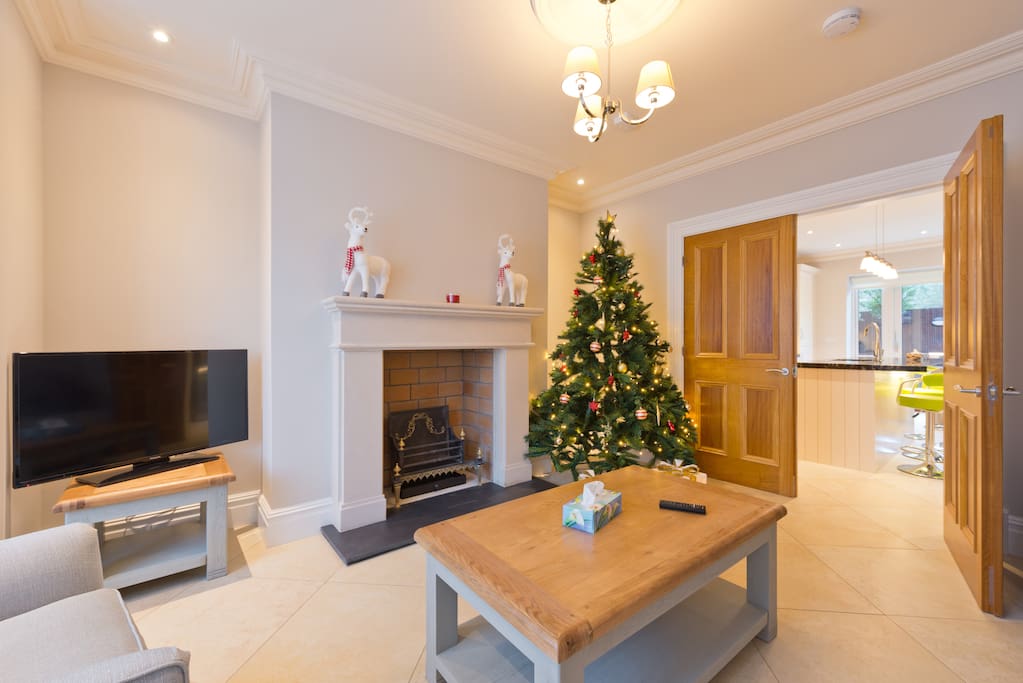 Living Room, with Christmas Tree, open fireplace and 40" TV
