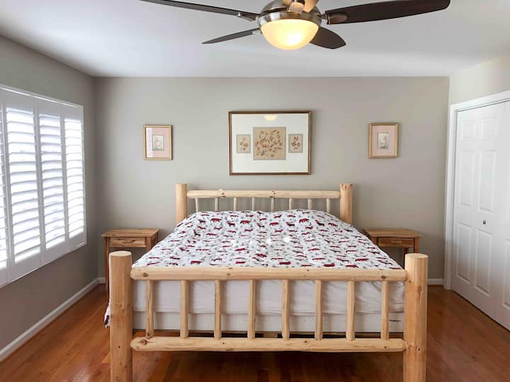 Chumba cha kulala cha Master kilicho na kitanda cha gogo la king, 55"Smart TV, makabati mawili, na mwonekano wa ziwa