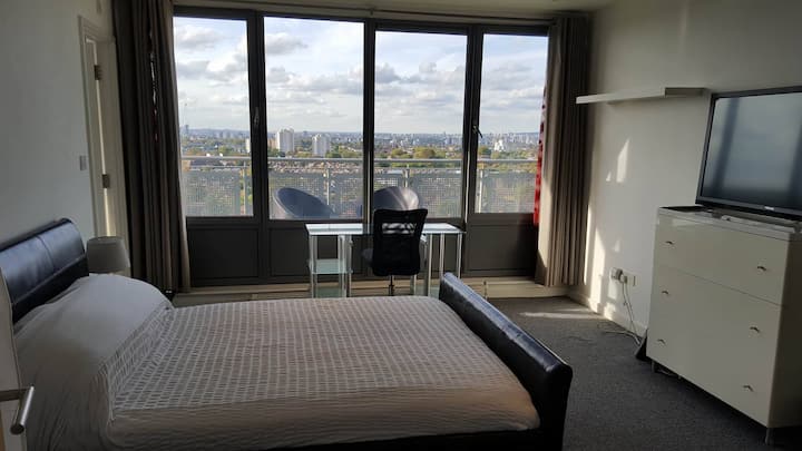 Chambre de 5 m x 4 m avec w
Vues ouest sur la gare de Battersea et au-delà.  Accès direct à la terrasse.