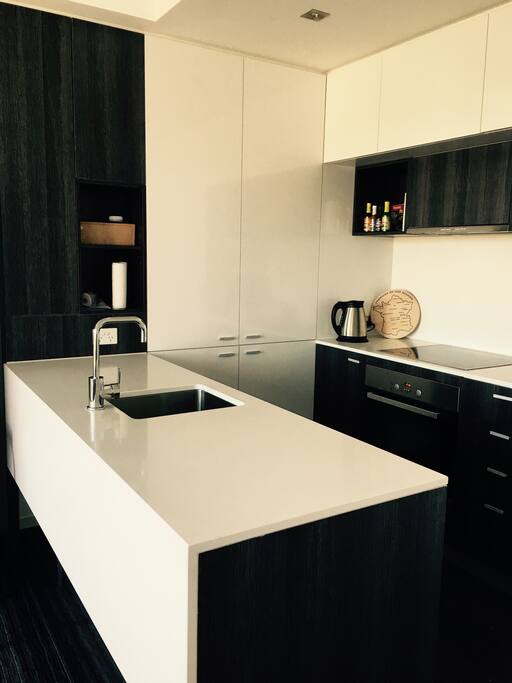 Designer fixtures including dishwasher, state of the art European stovetop and oven. Discreet pantry.