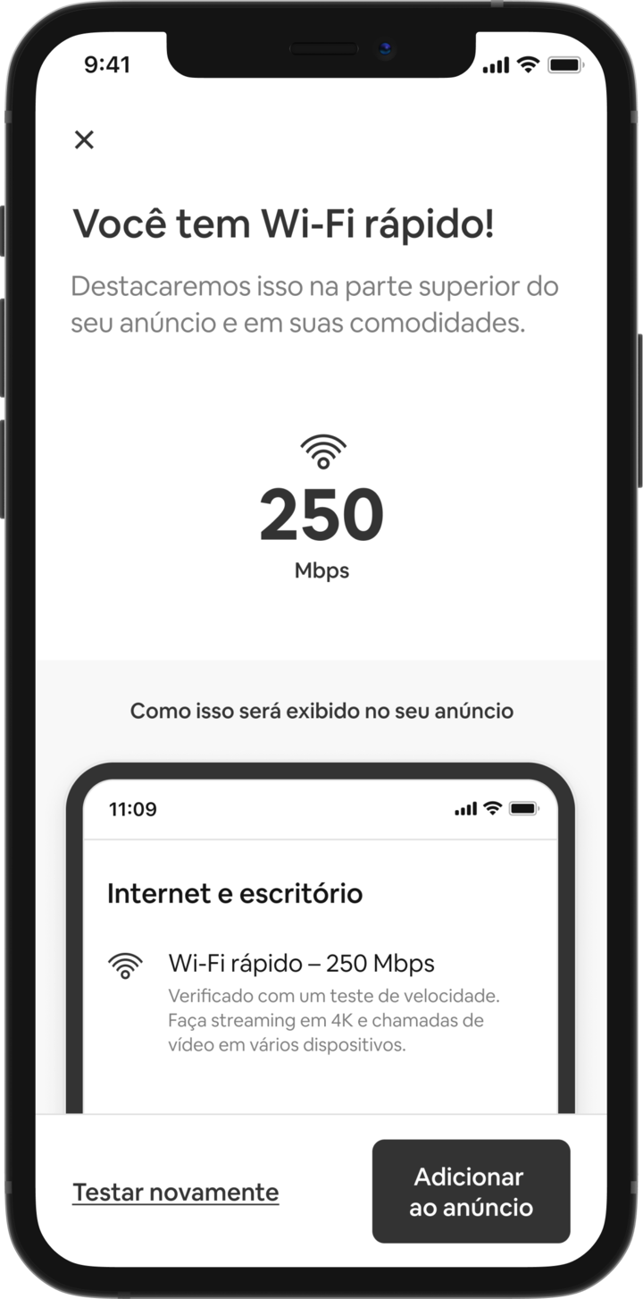 Um telefone celular mostra a lista de comodidades de um anúncio do Airbnb. No topo da lista, vemos o título "Internet e escritório", acompanhado por uma linha de texto que diz "Wi-Fi rápido — 250 Mbps. Verificado por teste de velocidade. Você pode fazer streaming em 4k e fazer chamadas de vídeo em vários dispositivos."