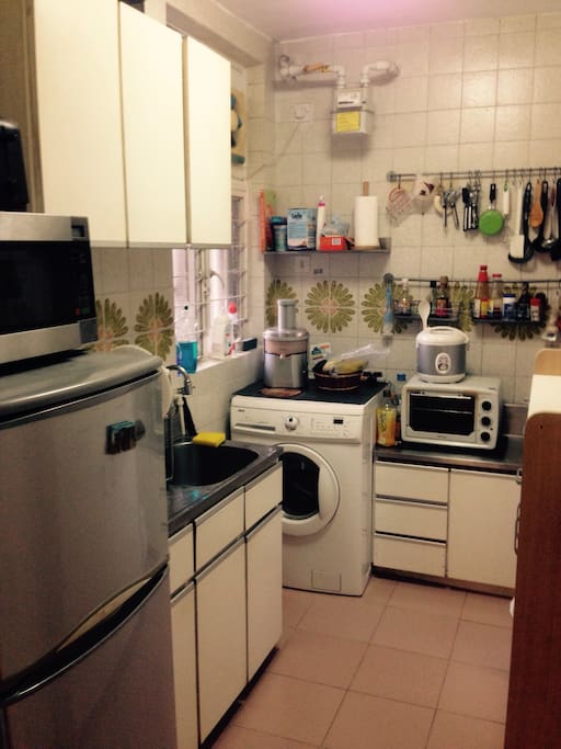 Refrigerator, microwave, toaster, washing machine with drying function, convention oven, gas stove, all the dishes and cook wear you need