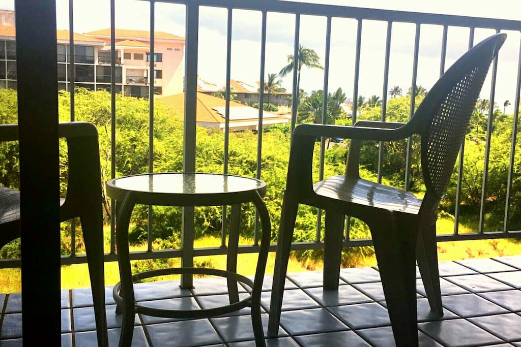 Relax on the lanai, have a drink and feel the breeze while enjoying views of Haleakala, partial ocean views, lots of greenery and palm trees swaying in the trade winds!