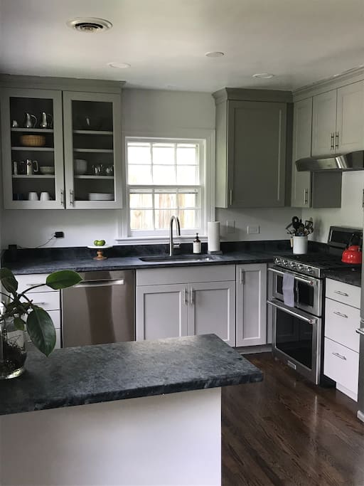 Kitchen overview, Bosch dishwasher, industrial grade appliances.