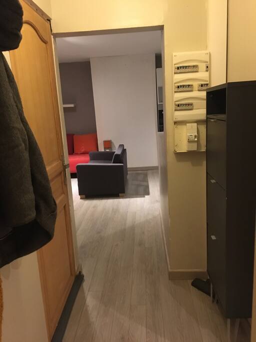 Entre de l'appartement avec meuble à chaussures sur la droite et porte manteau sur la gauche