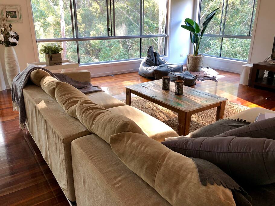 Spacious living room overlooking natural bushland