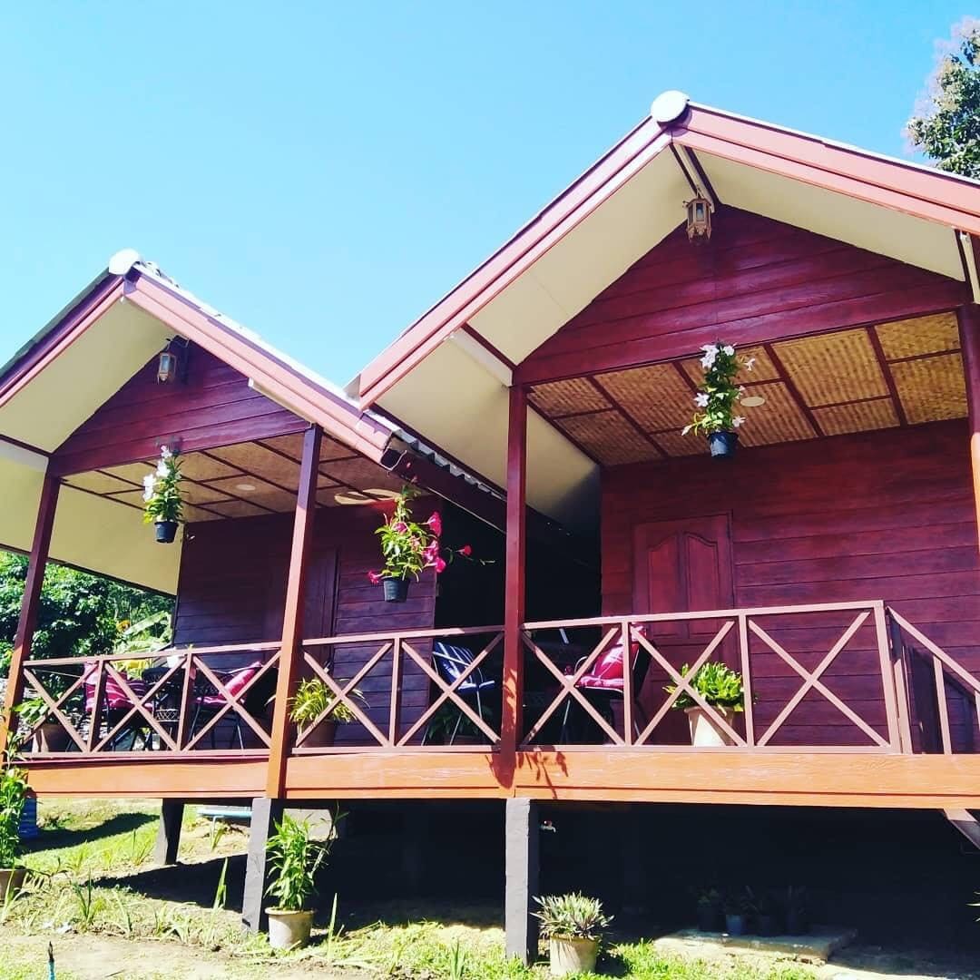 Two wooden cabins are depicted, featuring sloped roofs and open front porches. Lush hanging plants adorn the exterior, while the bright blue sky provides a vivid backdrop. Each cabin has a symmetrical design, enhancing the overall harmony of the setting.
