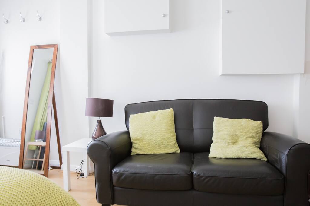 Comfy sofa for relaxing, full length mirror and coffee table.