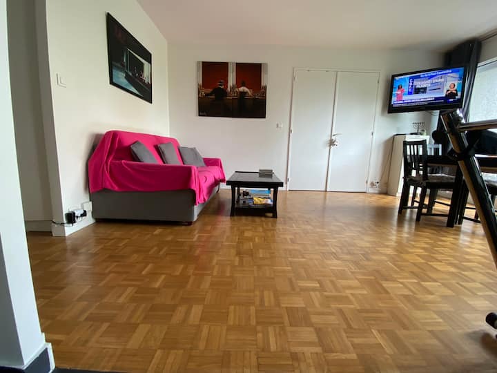 Salle de séjour 
Le séjour , la piece1 ainsi que la cuisine donnent sur un balcon avec vue sur un jardin privé de la résidence. 
L’appartement est au calme.