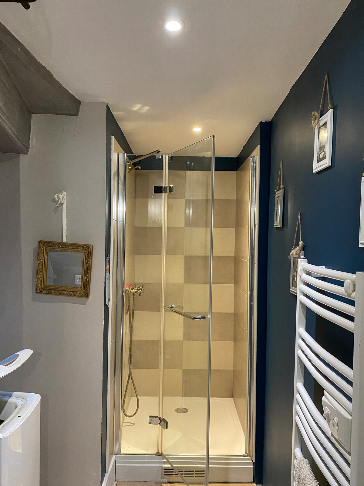 A sleek shower area features a glass enclosure with a silver showerhead and tiled walls in neutral tones. A heated towel rail is positioned nearby, and decorative frames are mounted on the contrasting dark blue wall. Soft lighting enhances the space.