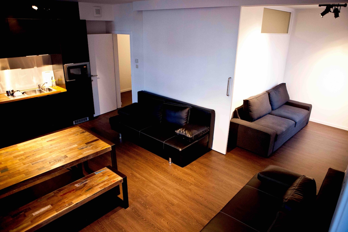 Living room with open kitchen, extra room can be closed off by means of a sliding door at Band Resort 0.1 in Ghent