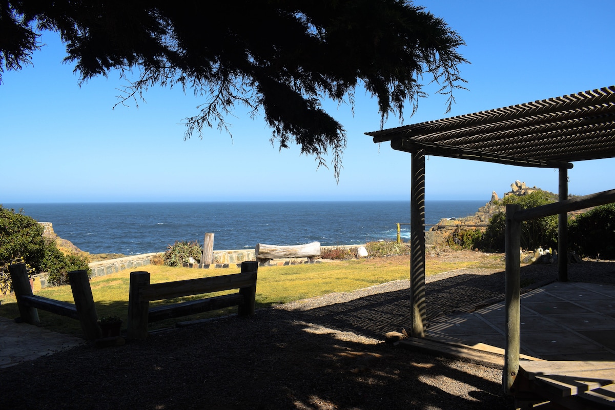 A shaded outdoor area features a grassy expanse leading to the ocean view. Wooden posts support the pergola, providing a comfortable space to relax. The horizon reveals calm waters, and natural vegetation enhances the tranquil atmosphere.