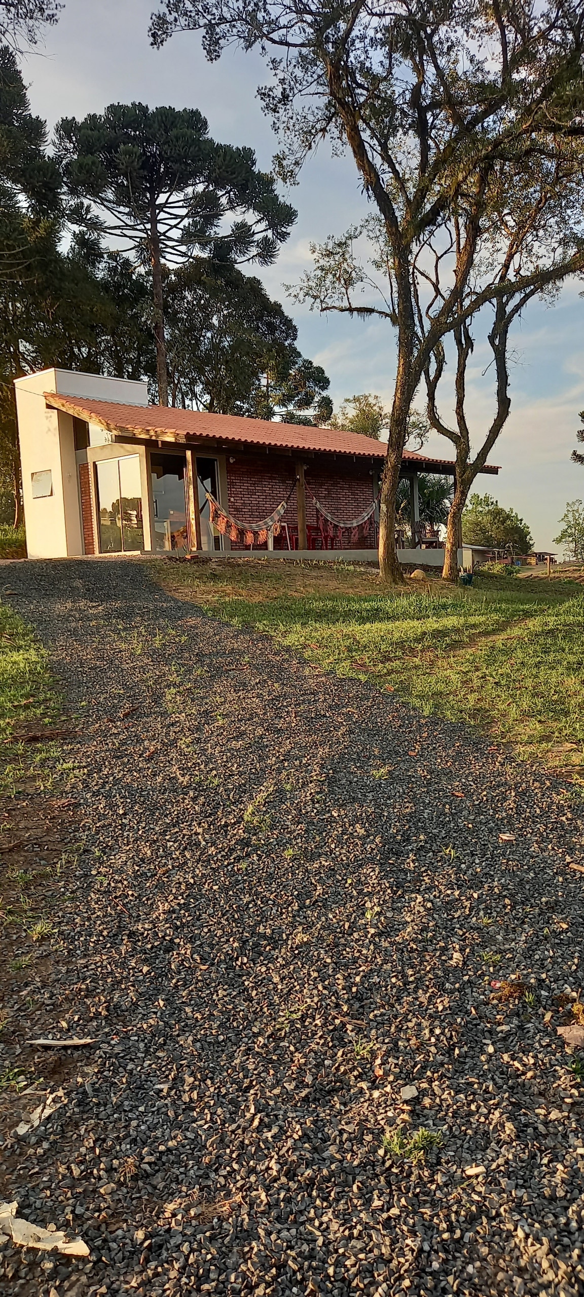 A modern cabin is set against a backdrop of trees, showcasing a welcoming covered porch with hanging textiles. A gravel pathway leads up to the entrance, enhancing the natural surroundings.