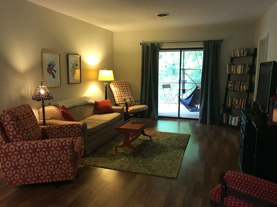 Spacious den with a pullout bed. HDTV offers Amazon and Netflix. Dining table for 4 behind this view (not pictured). WIFI also avail. And best of all, lots of great books!