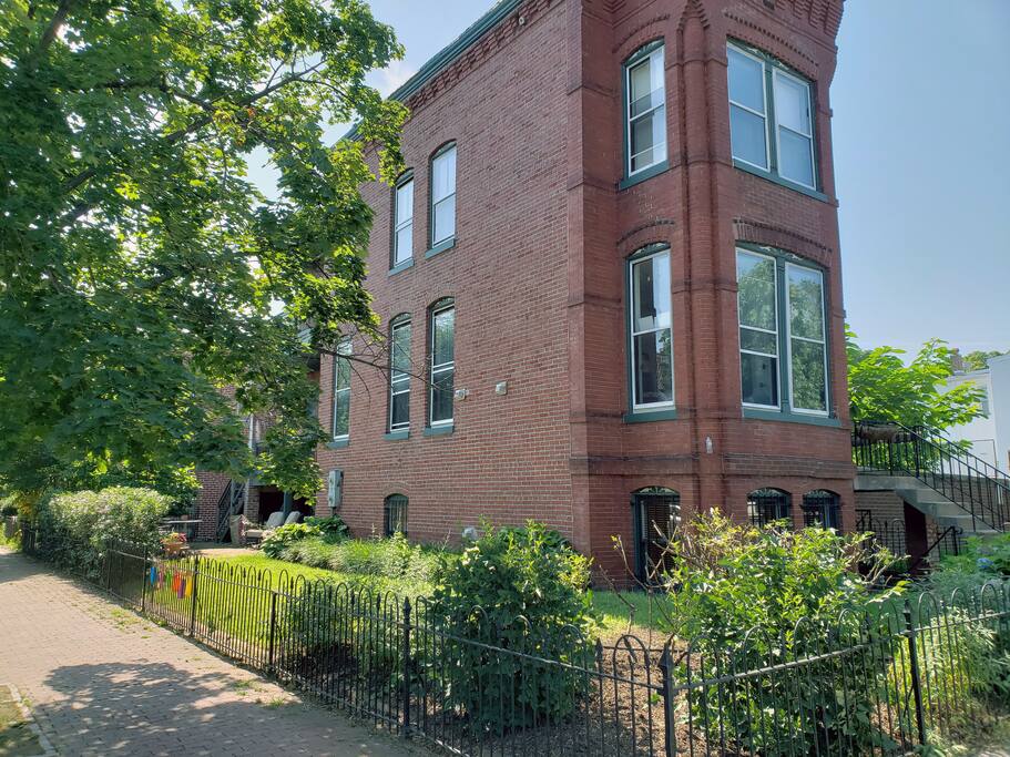 The historic house is on the corner and guests are welcome to use the side yard, patio and grill.