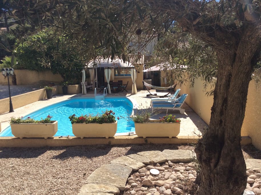 Le coin détente exposé au soleil pendant toute la journée , avec sa piscine, les transats, les parasols, le hamac, l'accès wifi et si vous le souhaitez également vous pourrez y prendre votre le petit déjeuner, boire un rafraîchissement , manger une glace ou même y dîner sur réservation .