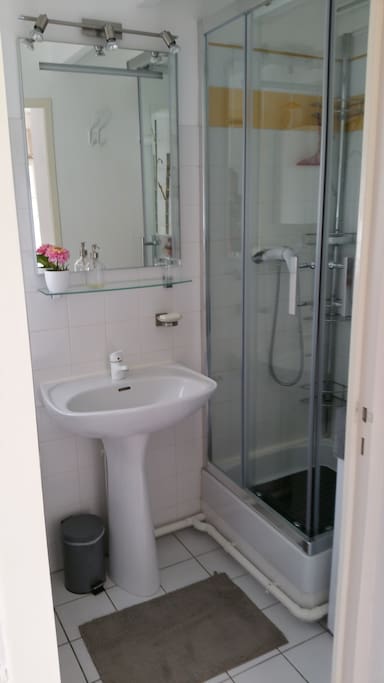 une salle de bain avec cabine de douche