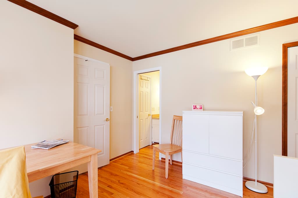 A convenient desk, plenty of storage.