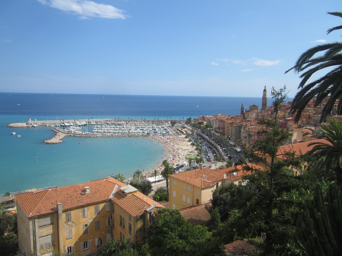 A panoramic view of a coastal village reveals sandy beaches and a harbor filled with boats. The azure sea contrasts with the ochre-colored buildings lining the shoreline. Palm trees and lush greenery frame the scene, while a clear blue sky enhances the vibrant atmosphere.