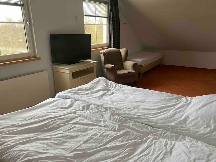 חדר שינה מרווח למעלה, מצויד בארונות. מיטה זוגית עם תחתית לוליינית מתכווננת חשמלית. בחדר הזה יש גם 2 מיטות יחיד נוספות. וטלוויזיה.