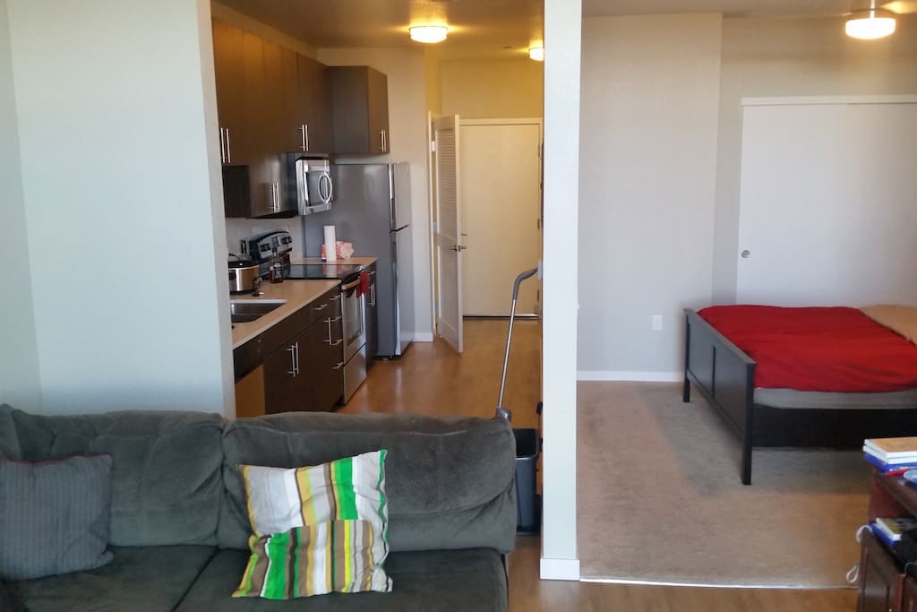 The studio apartment is an open space between the living area and the sleeping area.