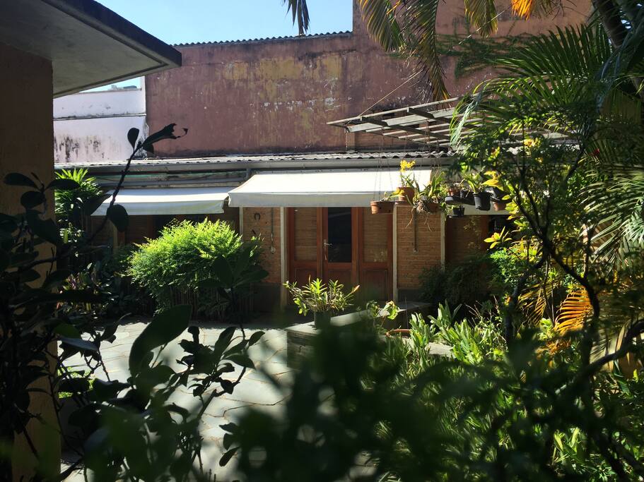 Entrada do "townhouse" com um pequeno jardim na frente.