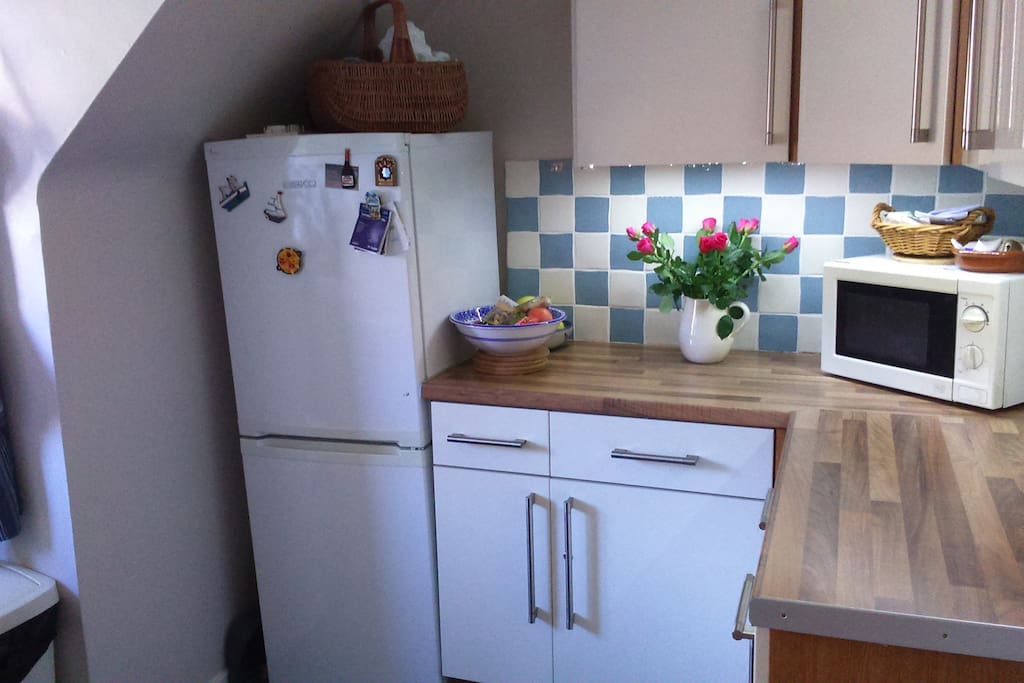 Kitchen with fridge freezer and microwave.