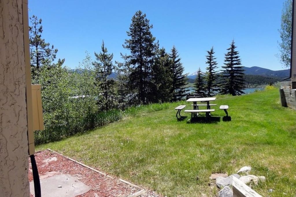 View of Lake Dillon out your door! Grill and picnic tables available in the common area for barbecuing!