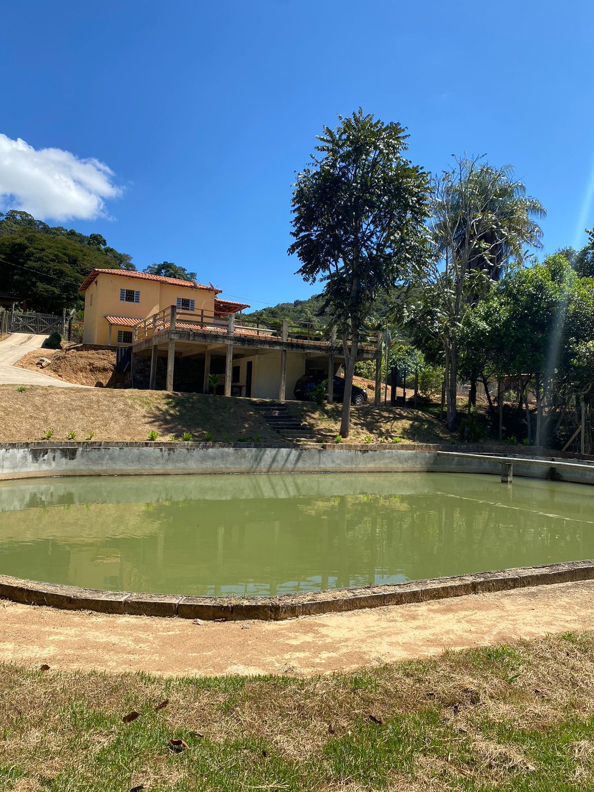 A charming house is positioned on a hillside with a spacious deck, surrounded by trees and greenery. A tranquil pond reflects the blue sky, providing a peaceful backdrop to the property. The land gently slopes, enhancing the natural setting.