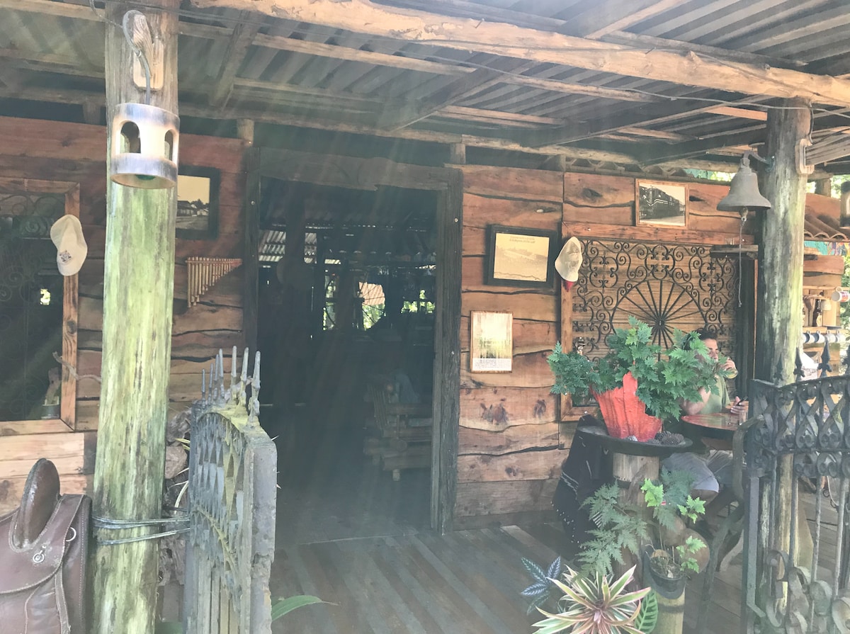 The entrance of a rustic wooden shack is visible, with natural wood textures highlighting the structure. Decorative elements, including plants and artwork, are placed around the doorway. A wrought iron gate adds character, while light filters through the open entrance, creating a welcoming atmosphere.