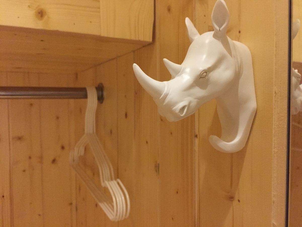 A stylized white rhinoceros head sculpture is mounted on a wooden wall, complemented by a metallic clothing rod. A set of white hangers is positioned beneath the rod, providing a functional yet decorative element to the space.