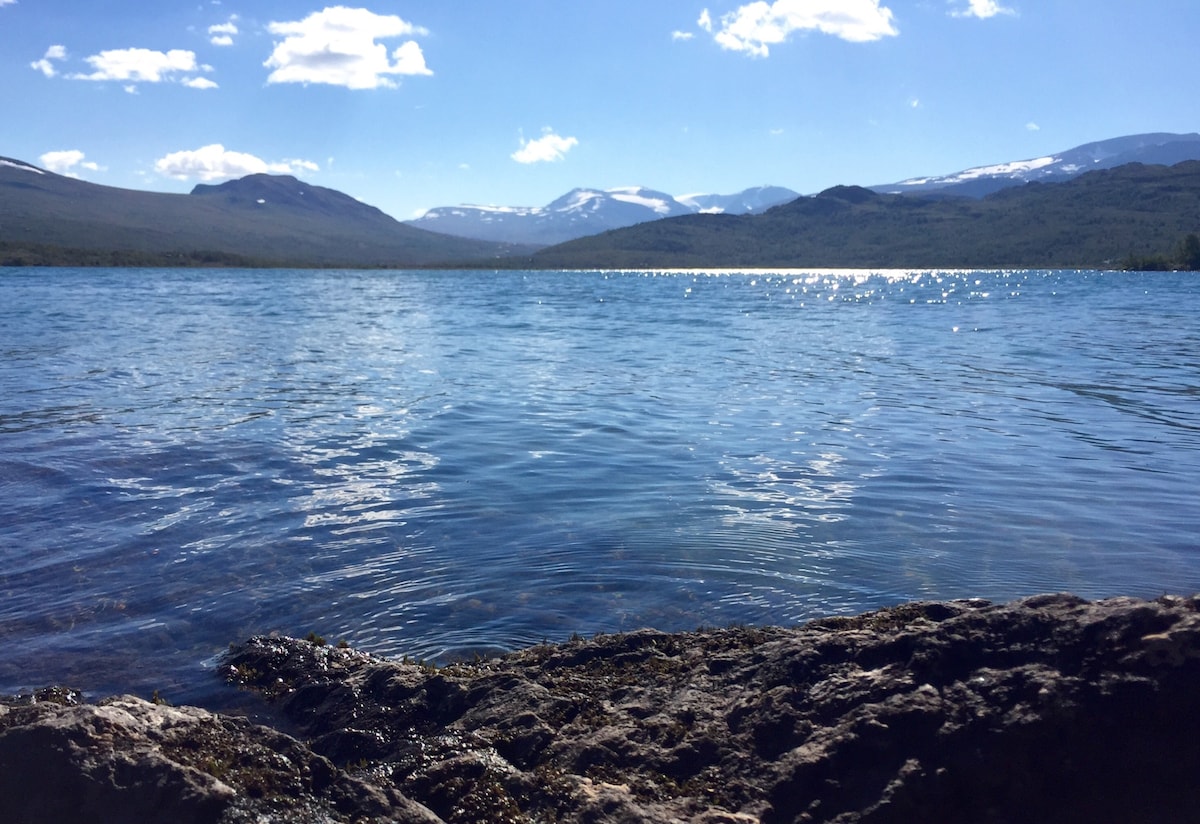 A serene view of a lake is depicted, with clear blue waters reflecting sunlight under a bright sky. Snow-capped mountains are visible in the background, creating a peaceful backdrop to the natural scenery. The shoreline features rocky formations along the water's edge.
