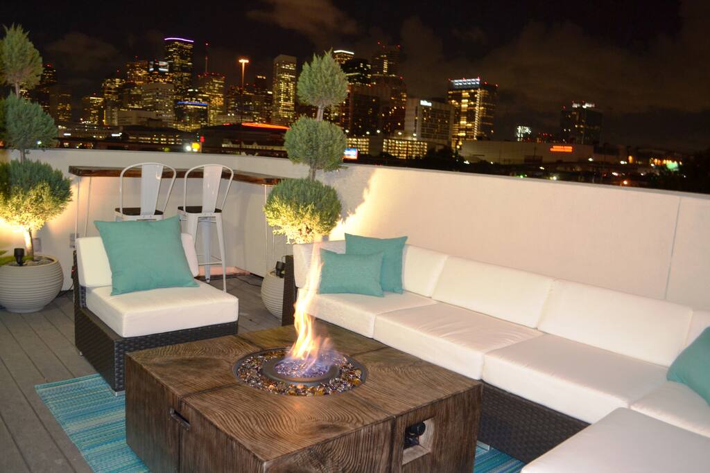 Beautiful fire table is perfect for evenings on the roof deck!