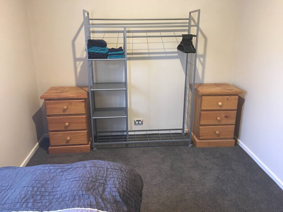 Hanging space, shelves and two sets of drawers for your things. New Carpet and freshly painted.