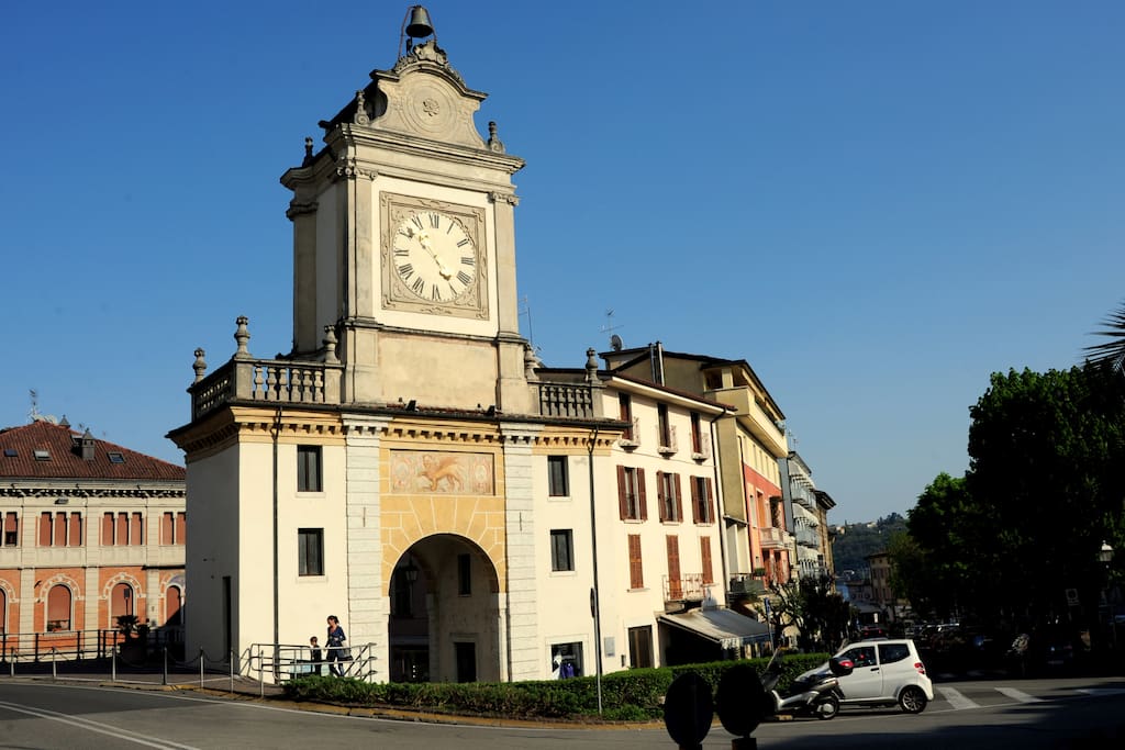 Historical bell tower entrance to centre Salò