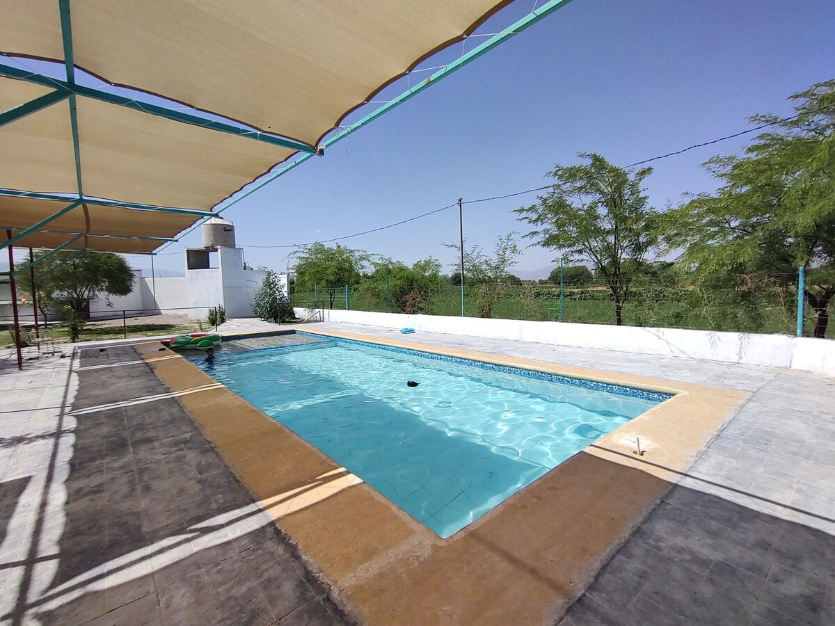 A private pool is shown, surrounded by a spacious patio area. A shaded roof provides cover, and greenery is visible in the background, enhancing the tranquil setting. Clear blue water invites relaxation and enjoyment in a secluded outdoor environment.