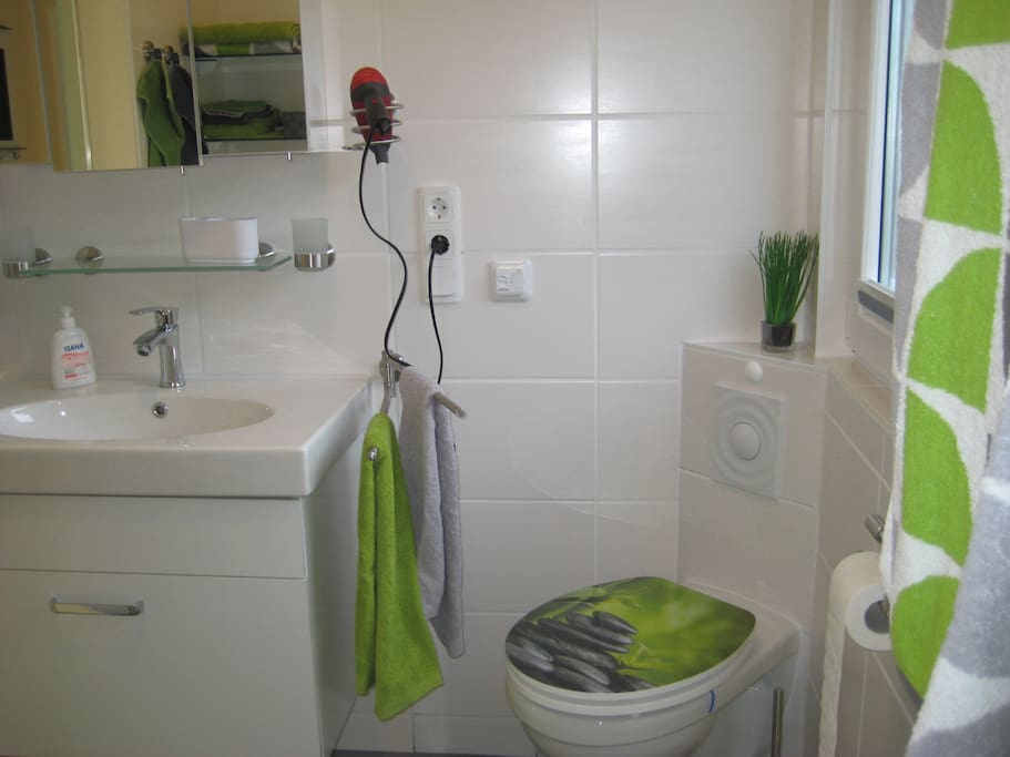 Waschtischkonsole, Spiegelschrank und WC