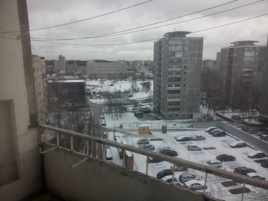 Back yard in winter. View from the living room balcony