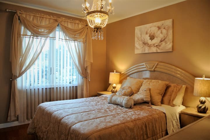 Beautifully decorated french-style queen size bedroom with a large window.