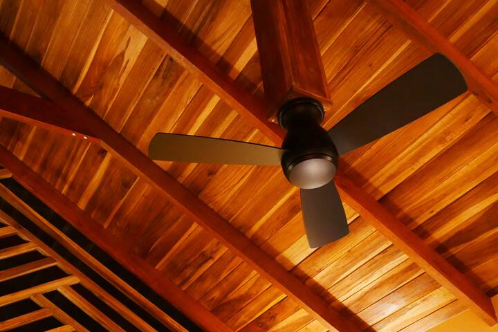 Both bedrooms have ceiling fans. The dining area has one and the seating area has one ceiling ventilator, too. 