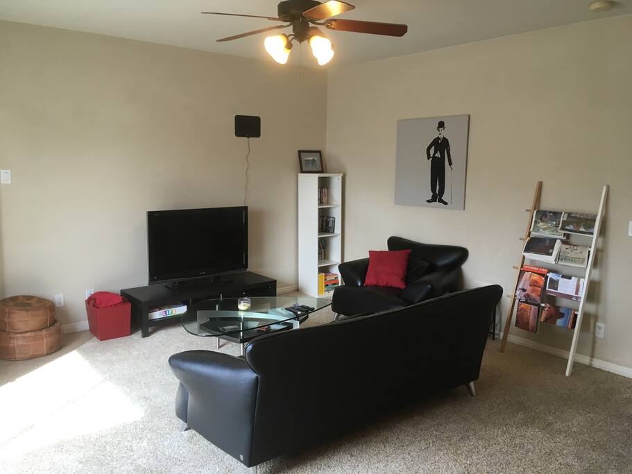 Lots of seating for everyone with couch, seat and ottomans