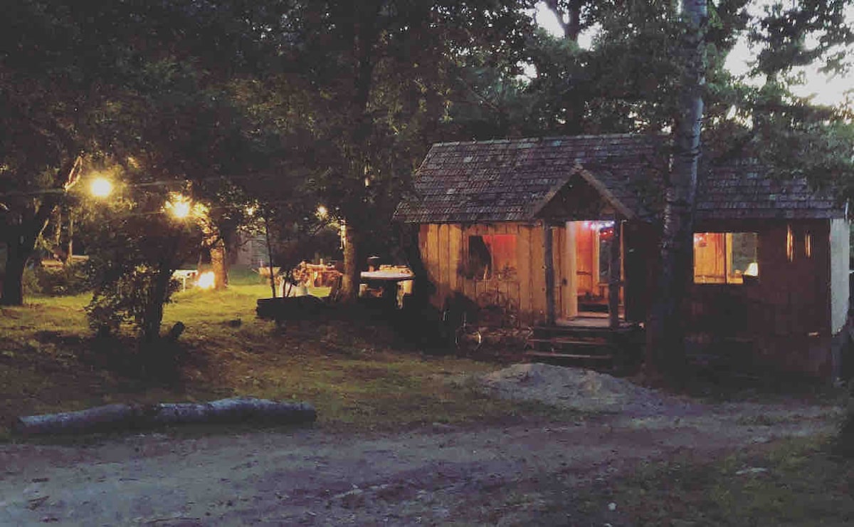 A wooden cabin is nestled among trees, softly illuminated by string lights. The surrounding area is grassy, with a dirt path leading to the entrance. Warm lights from inside the cabin create a welcoming ambiance, suggesting a cozy retreat in nature.