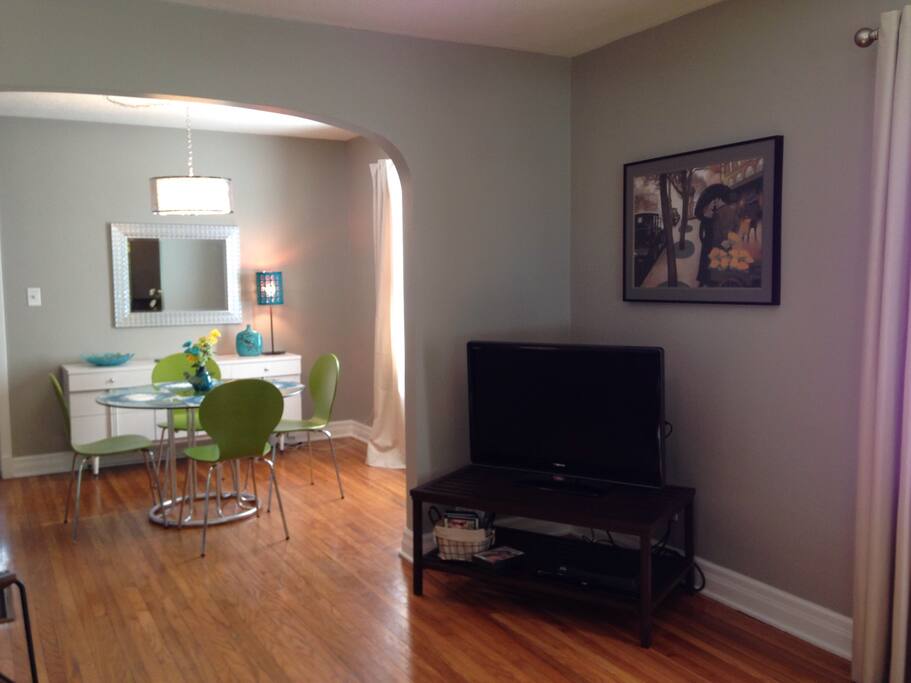 Large flat screen TV, cable and DVD for entertainment.
