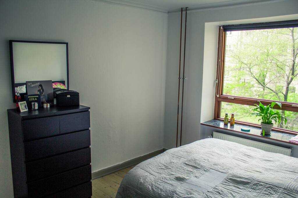 Nice large comfy bed with great view to the green yard.