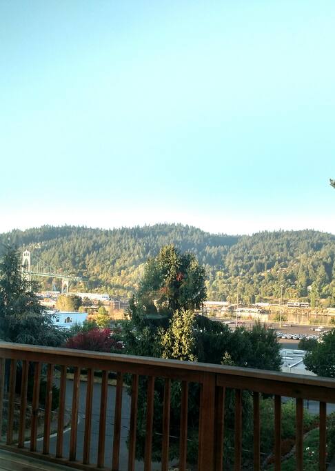 Your view from your own private deck of St Johns Bridge and Forest Park and river