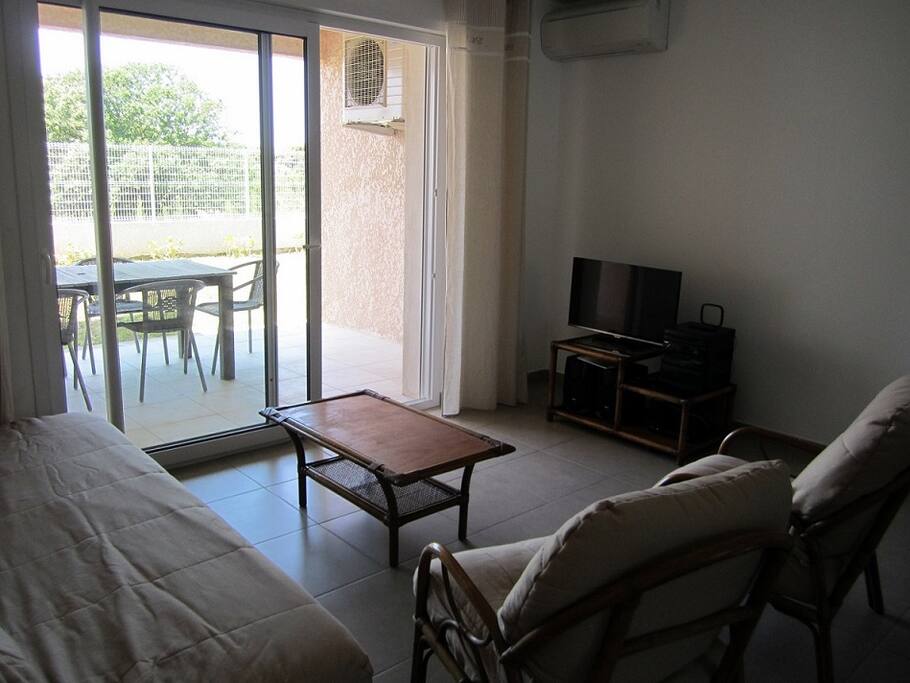Coin salon avec TV donnant sur la loggia et le jardin.
