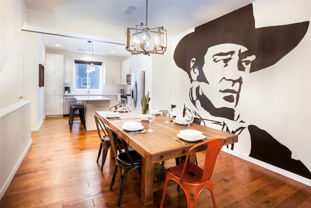 The farmhouse table now has 10 chairs and 3 bar stools!
Check out this Ultra Modern feel with the influence of the Old West!!!