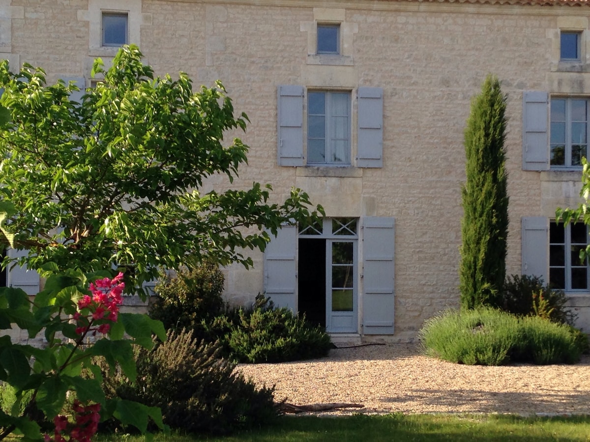 The exterior of a renovated 19th-century house features a stone façade with light blue shutters. Greenery surrounds the front entrance, including a flowering bush and tall conifers. Gravel pathways create a welcoming approach to the home.